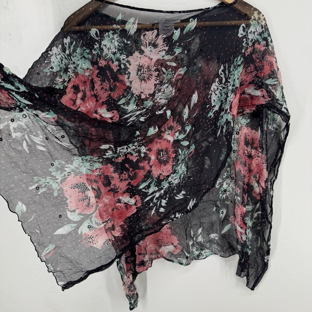 St John Romantic Fairy Boho Silk Chiffon Shawl Top OS Sheer Floral Festival Vtg - Picture 2 of 6